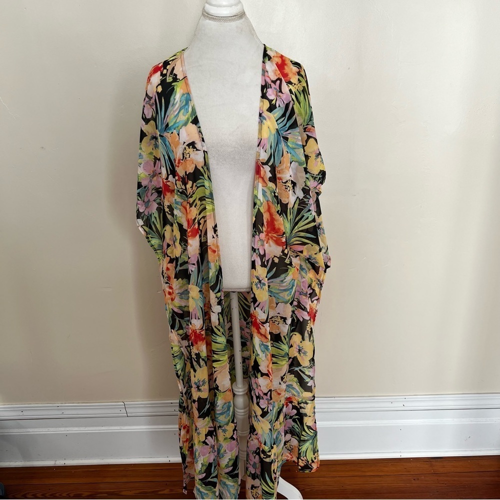 Forever 21 Sheer Black and Floral Swim Coverup Kimono - NWT - Size Small